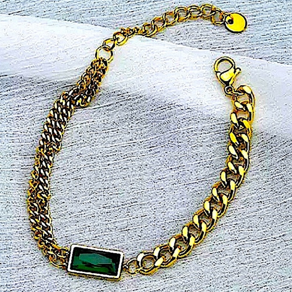 GOLD EMERALD GREEN CHAIN LINK BRACELET - Picture 9 of 14